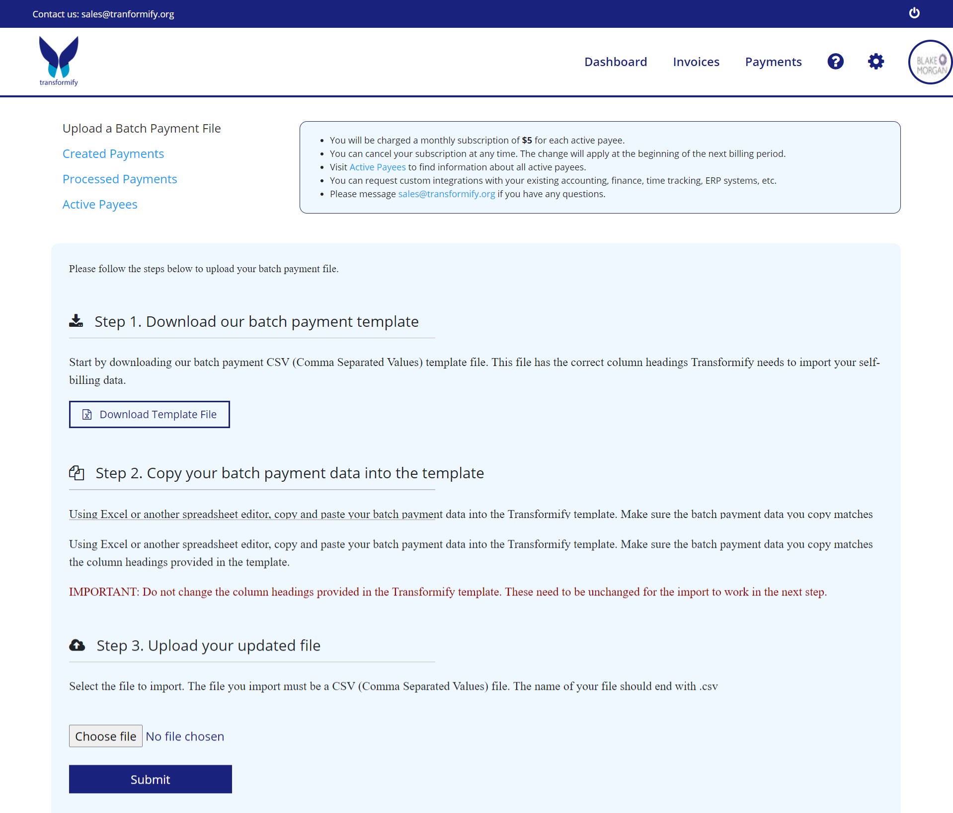 batch payment file self-billing Transformify